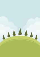 Nature landscape in simple style background. Green tree on hill, grass flat illustration. Summer panorama vector