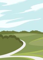 país rural paisaje escena con verde trigo campos. horizonte con nubes plano dibujos animados estilo ilustración. vector