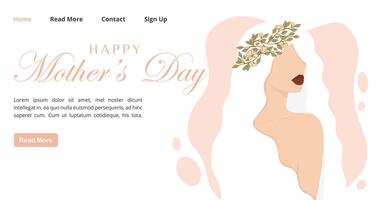 Happy Mother's Day simple banner. The girl in flower wreath Postcard for the holiday. vector