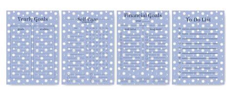 Life and study planner blue paper sheets. Worksheet template set with heavenly universe elements vector