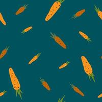 Carrots on a dark green background. Seamless hand-drawn pattern. vector