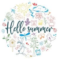 Hello summer banner with doodle elements vector