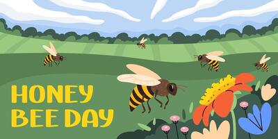 Group of honeybees fly around meadow and collect pollen from flowers. Honey bee day banner. flat vector