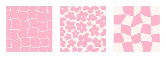 2000s pattern. Abstract flowers. A distorted pink checkerboard. Set of seamless patterns in pastel shades. Y2k Aesthetics vector