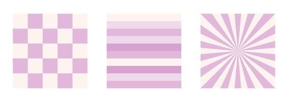 2000s pattern. Set of seamless patterns in pastel shades. The lines and checkerboard are purple. Y2k Aesthetics vector