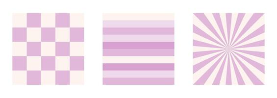 2000s pattern. Set of seamless patterns in pastel shades. The lines and checkerboard are purple. Y2k Aesthetics vector