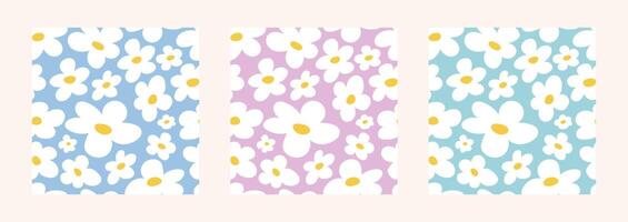 2000s flowers. Set of seamless patterns with abstract white flowers, daisies on a background of delicate pastel shades. y2k background vector