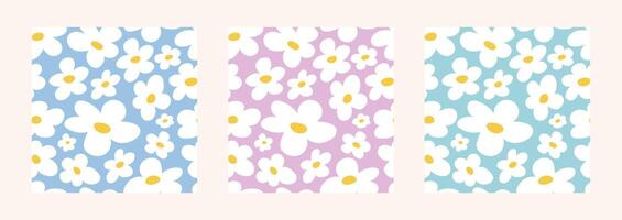 2000s flowers. Set of seamless patterns with abstract white flowers, daisies on a background of delicate pastel shades. y2k background vector