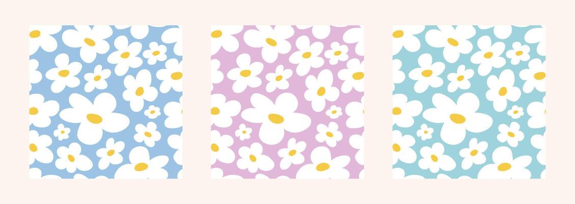 2000s flowers. Set of seamless patterns with abstract white flowers, daisies on a background of delicate pastel shades. y2k background