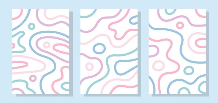 Set of retro style patterns with colored lines in pastel shades. Abstract, topographic lines. Aesthetics 90s, 2000s vector