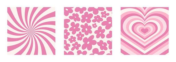 Y2k backgrounds are pink. Flowers, heart, swirls, swirling pattern. Twisted and distorted texture in a trendy retro style of the 2000s. vector