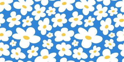 2000s flowers, y2k background. Seamless pattern with abstract white daisies flowers on blue background vector