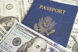 US passport with USA dollar money, American citizen in United States of America. photo