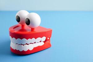 Funny red teeth with eye toy denture model for dental health care. photo