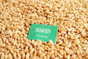 Saudi Arabia flag on grain wheat, trade export and economy concept. photo