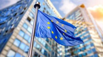 EU national flag and government building with skyscrapers. photo