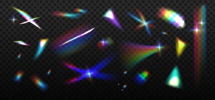 Set of elements with overlay crystal leak glare reflection effect. Optical rainbow lights, glare, leak, streak overlay. colorful lenses and light flares with transparent effects and sparkles. vector