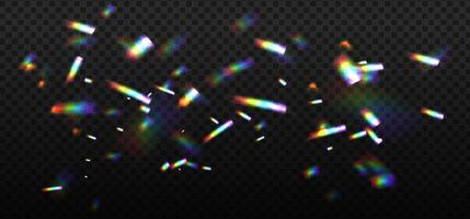 Rainbow dispersion highlights on a black background. Glare or reflection from water and glass. Realistic Glittering particles for photo shots. overlay illustration. vector