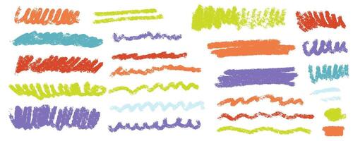 Colorful dry brush marks set, pencil squiggles and scribbles collection. Hand drawn crayon various lines, spirals and doodles. Multi colored rough highlighters, chalk strokes, pencil dividers. vector