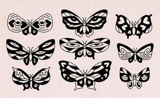 Black and white Butterfly set of the seventh seventh style of wavy lines and organic shapes. Y2k aesthetic, tattoo silhouette, hand drawn stickers. graphic in trendy retro 70s style. vector