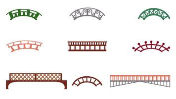 Set of 9 bridge icons for a city park and an oriental garden, elements of urban infrastructure, illustrations in a flat cartoon style. vector