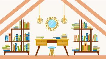 el interior de un acogedor gabinete con mueble en boho un bonito habitación con un escritorio y un espejo encima él, un espejo, librerías con libros. el biblioteca es en el ático. ilustración en un plano dibujos animados estilo. vector