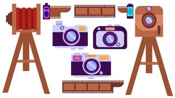 Set of retro and vintage camera icons, illustrations in a flat cartoon style isolated on a white background. vector