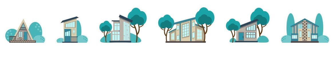 Set of icons for ecological houses and design elements. Collection of cute houses surrounded by greenery, drawn in cartoon style, isolated on a white background. illustration in a flat style. vector