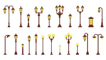 Set of icons from modern and vintage lanterns of elements of urban infrastructure and city parks, illustrations in a flat style. vector