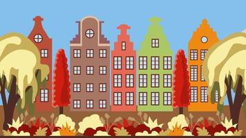Autumn street with old European house, landscape with Dutch houses, illustration in flat style. vector