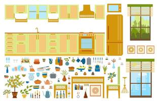 Collection of furniture, household appliances, decor elements for the kitchen and dining room in the Art Deco style. Set of illustrations of furniture for a cozy interior, hand-drawn in a flat style. vector