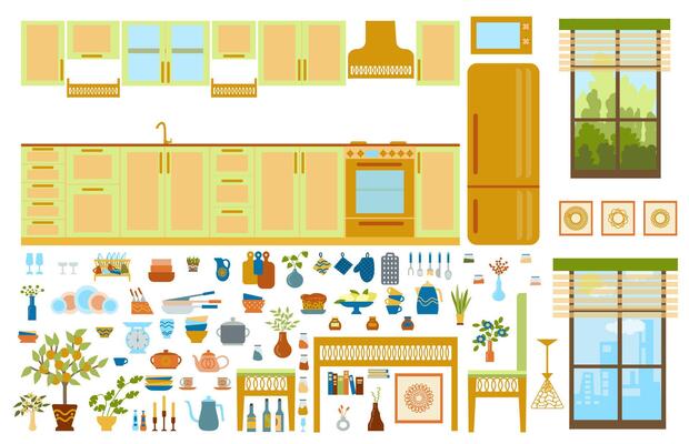 Collection of furniture, household appliances, decor elements for the kitchen and dining room in the Art Deco style. Set of illustrations of furniture for a cozy interior, hand-drawn in a flat style.