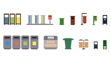 colección de dieciséis basura latas, basura latas para basura separación, parque papeleras, contenedores para perro desperdiciar. elementos de urbano infraestructura y urbano parque, ilustraciones en un plano estilo. vector