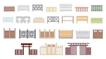 Set of 23 icons of fences and gates, elements of urban infrastructure, gates for the eastern garden. illustrations in a flat cartoon style. vector
