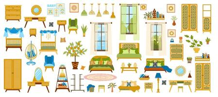 collection of furniture and decor elements for the living room, bedroom, children's room, and study in a stylized Art Deco and Art Nouveau style. Illustrations in flat hand drawn style. vector