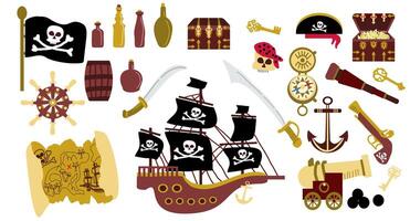 Cartoon pirate elements, cannon, treasures, sailing ship. Flag, steering wheel, compass, map, pirates sea adventure set. Illustration of pirate treasure map, cannon, boat, telescope. vector