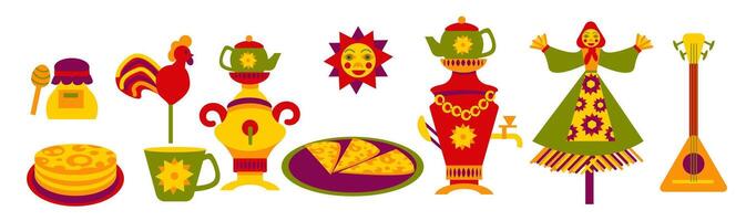 collection of bright icons for the traditional Russian spring holiday-Maslenitsa. Shrovetide Week illustration set in flat style isolated on white background. vector