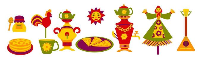 colección de brillante íconos para el tradicional ruso primavera vacaciones-maslenitsa. carnestolendas semana ilustración conjunto en plano estilo aislado en blanco antecedentes. vector