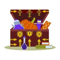 Antique chest with vintage books, alchemical test tubes, and a pumpkin isolated on a white background. Square composition, Halloween Greeting card. vector