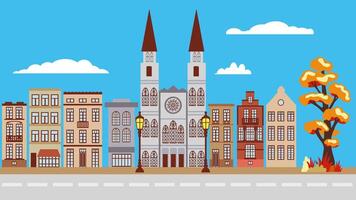 Autumn street in the historical center of the city with a Gothic church and old houses, a cozy urban landscape for a postcard or banner, an illustration in a flat cartoon style. vector