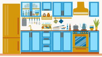The interior of a cozy kitchen with a refrigerator, stove, extractor hood, kitchen appliances and various kitchen utensils. Illustration in a flat cartoon style. vector