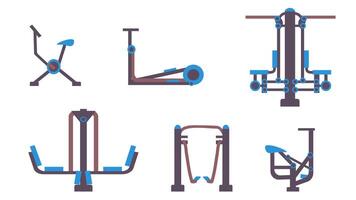 Set of outdoor exercise equipment icons for outdoor sports in a flat cartoon style.Elements of urban infrastructure. vector