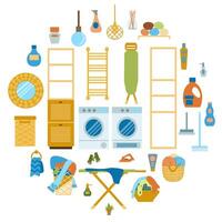 Set of furniture, equipment and household chemicals for home washing illustrations of furniture for a cozy Laundry in a flat hand-drawn style vector