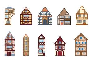 Set of cozy half-timbered houses isolated on a white background Collection of old German and French houses Illustration in a flat cartoon style vector