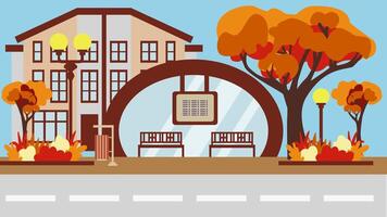 otoño calle con un autobús detener y un moderno dúplex casa, un transporte detener en un cabaña sección, un urbano paisaje, un ilustración en un plano estilo. vector