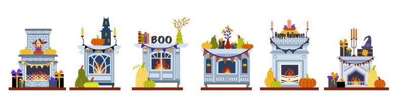 estilo halloween interior. colección de acogedor chimeneas decorado para el otoño Víspera de Todos los Santos día festivo. ilustración en un plano dibujos animados estilo. vector