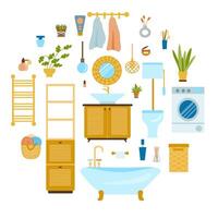 Collection of furniture for a cozy bathroom and toilet in boho style. Set of illustrations of furniture for a cozy home in a flat hand-drawn style. vector