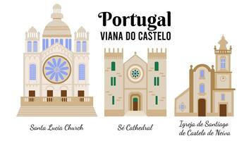 Sights of Viana do Castelo Portugal Flat-style illustration for designing souvenir postcards. Portuguese architecture vector