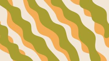 Trendy groovy pattern with green and yellow wavy stripes on beige background. Abstract geometric funky backdrop. Retro Y2K design vector