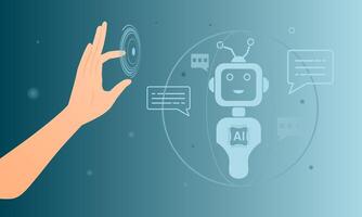 Hand touching on virtual screen to communicate with artificial intelligence robot or chatbot technology concept. vector